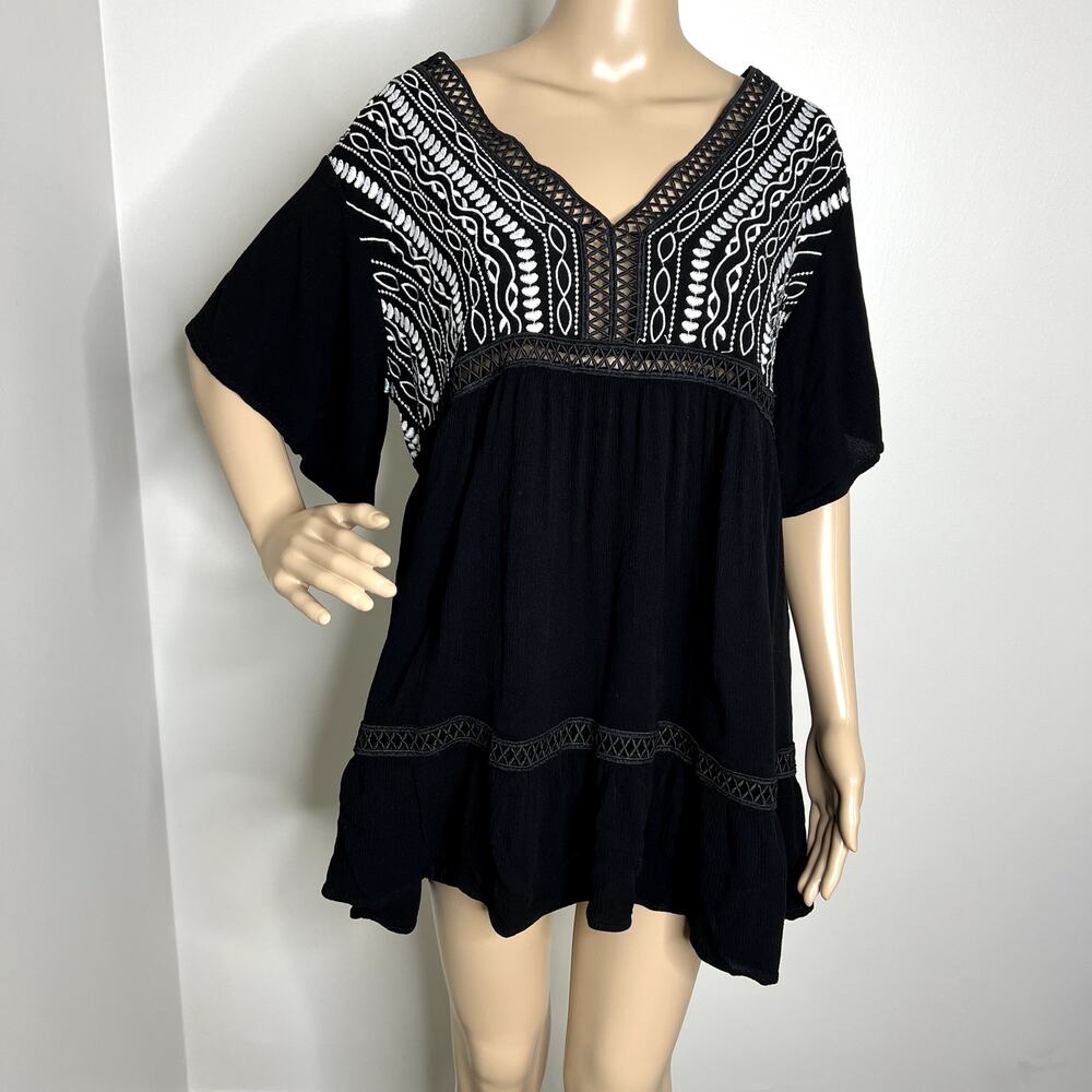 Velzera Black Embroidered V Neck Peasant Top